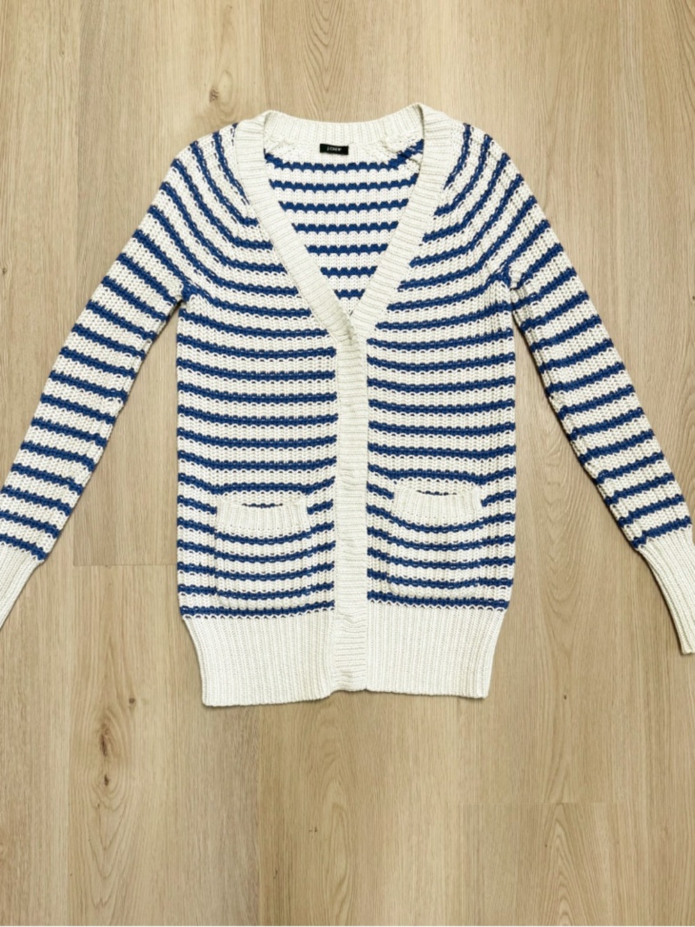 J Crew Cream Blue Purple Stripe Deep V Neck Snap Button Longer Sweater Cardigan - Picture 6 of 9